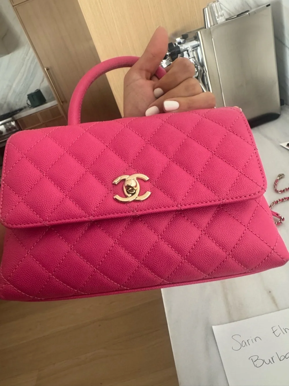 CHANEL Hot Pink Quilted caviar  Top-Handle Mini Bag with Chain Strap - Picture 14 of 16